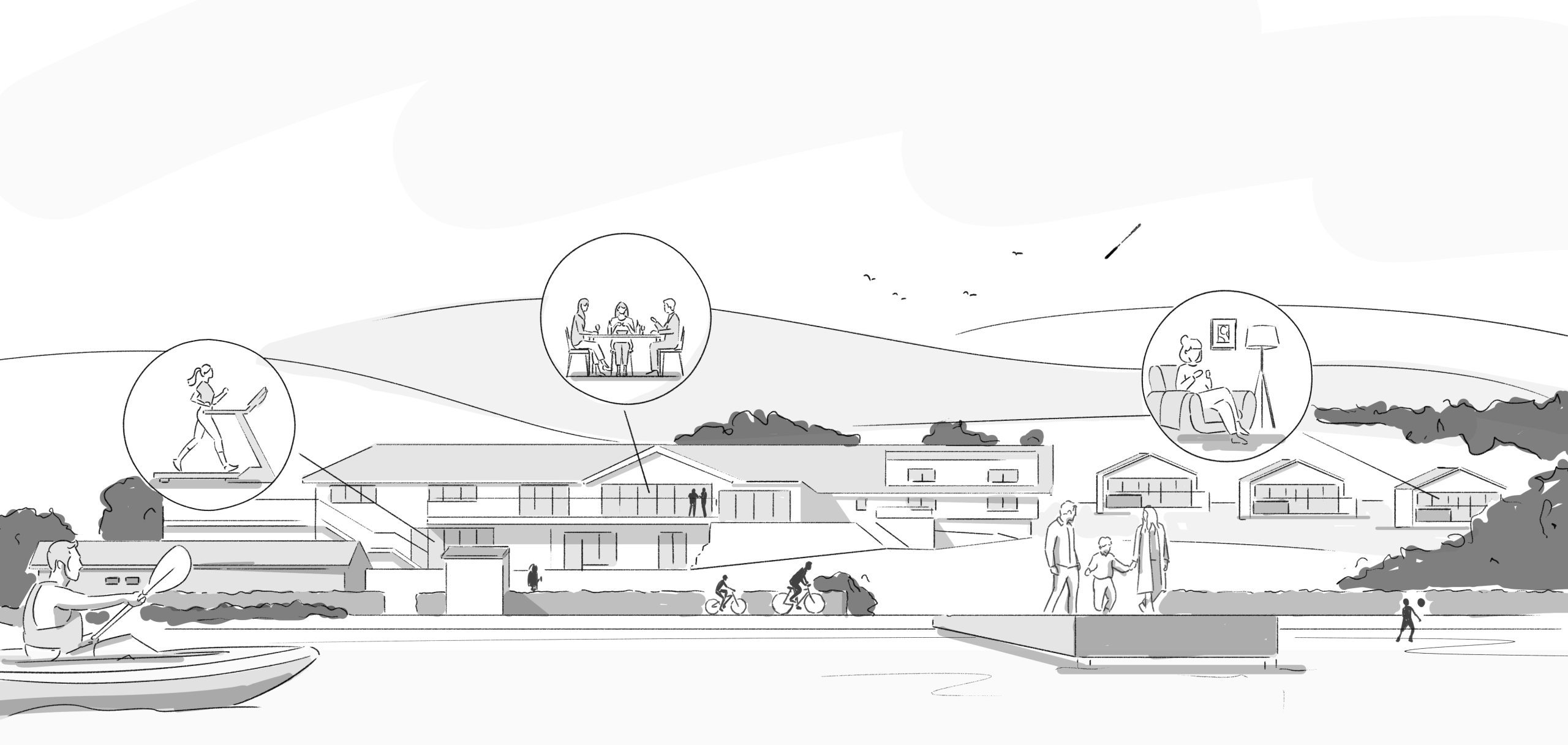 Bespoke illustration sketch of the Dun Creag Shores resort on Millport, showing the waterfront, lodges and visitors